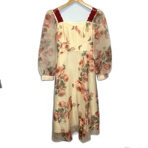 Womens Retro Romantic Floral Burgundy Crochet Lace Fitted‎ Bodice Dress Medium